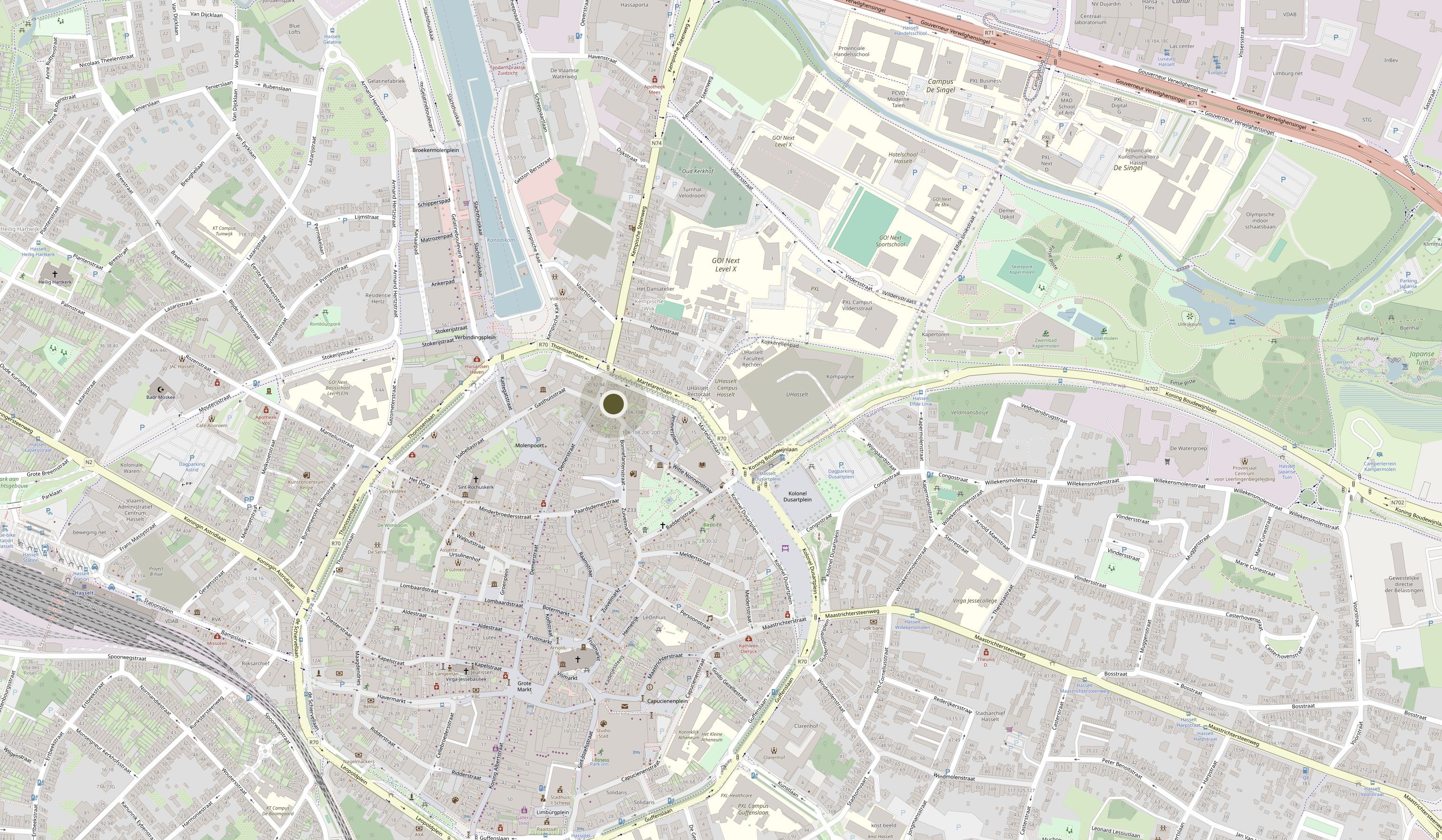 Kaart van het centrum van Hasselt met een markering op Demerstraat 101.